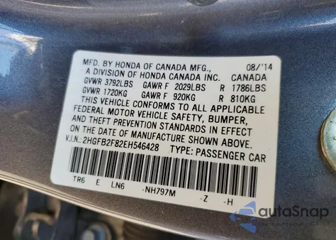 2014 Honda Civic Ex z USA, uszkodzony, nr VIN 2HGFB2F82EH546428